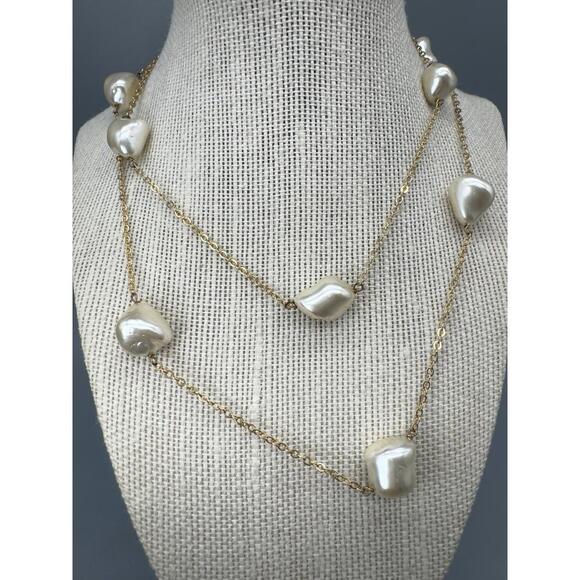 Vintage Judith Woracek Mullen Chunky Pearl Gold Tone Long Chain Necklace 34”RARE